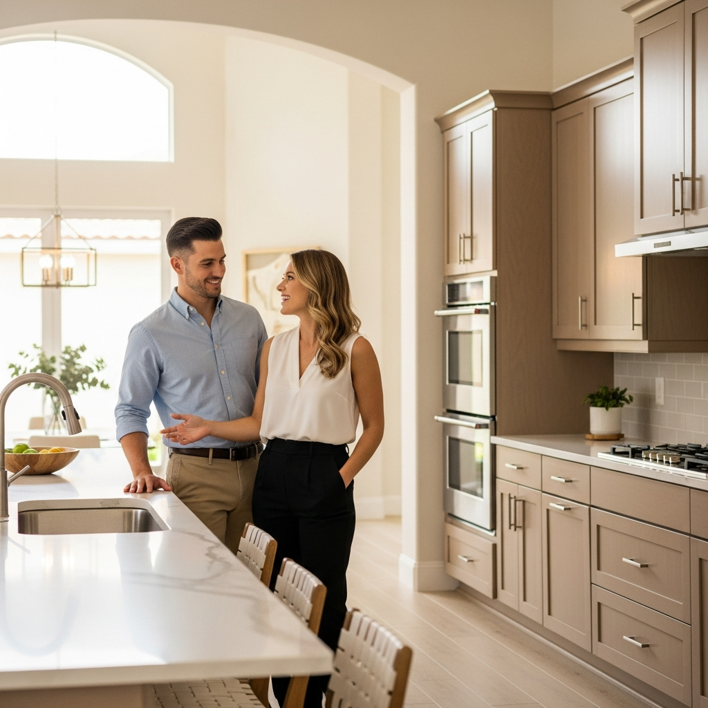 Young professional couple touring a bright modern luxury home interior, open kitchen with island, warm natural light, looking happy and engaged, South Florida residential, lifestyle real estate photography