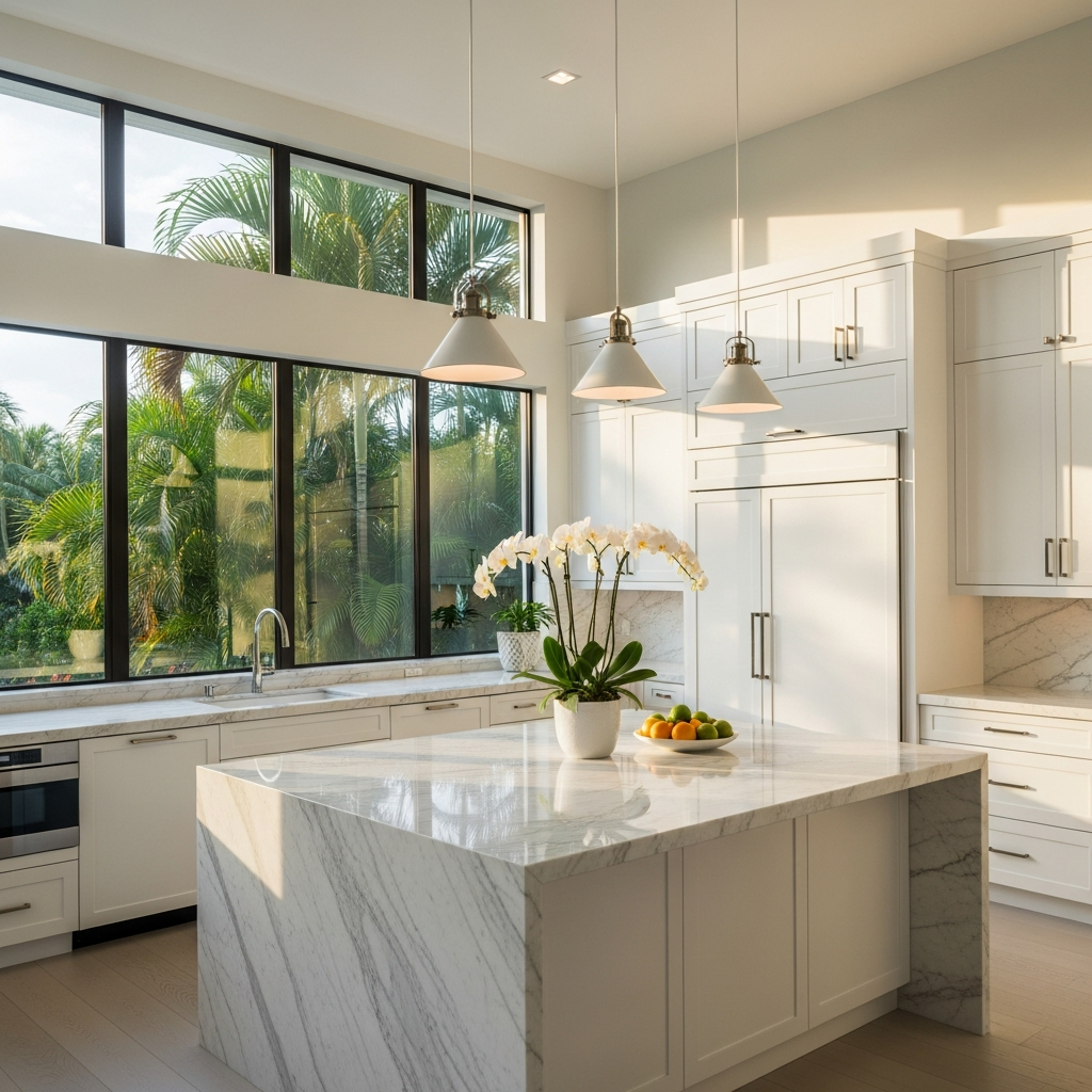 Stunning modern luxury kitchen in South Florida home, marble island, white cabinetry, pendant lighting, warm afternoon light through large windows, interior design photography, aspirational residential