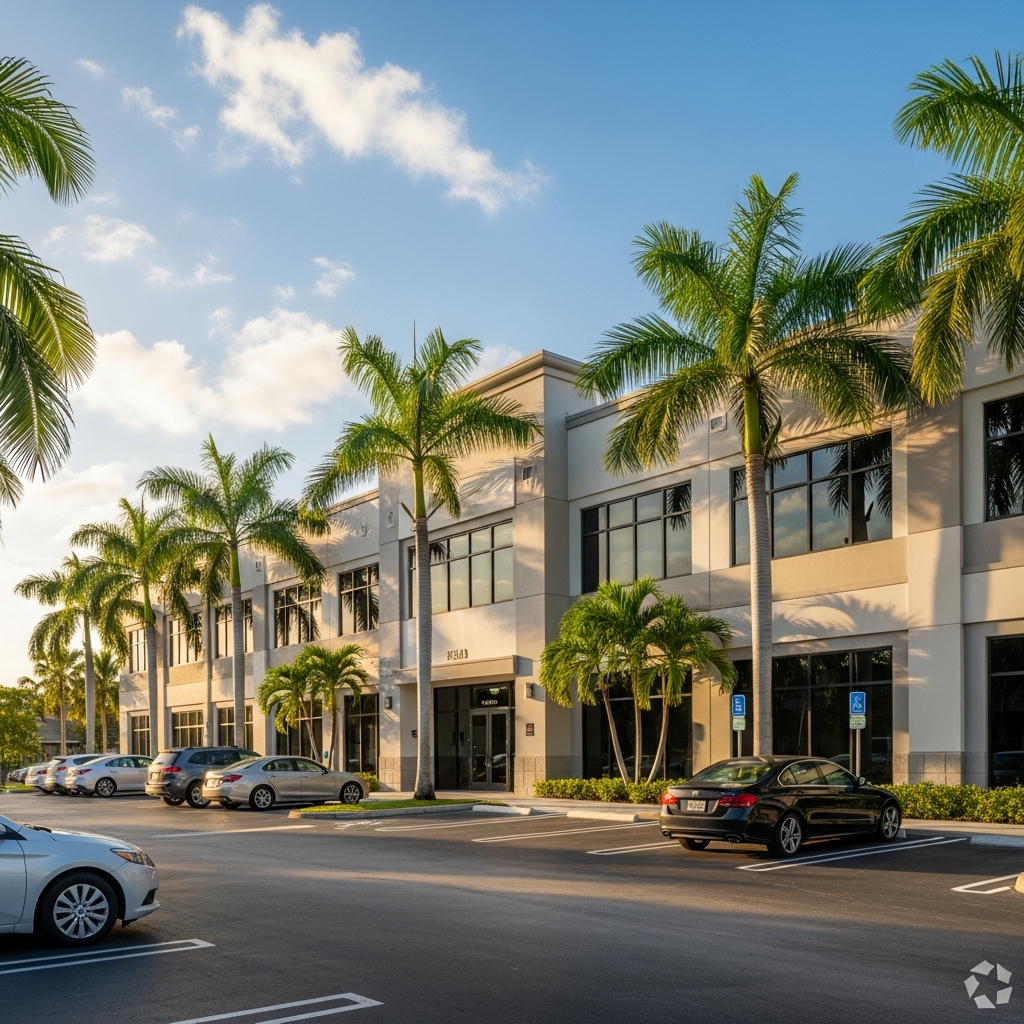 Modern commercial office or retail space South Florida, clean professional exterior, palm-lined parking area, warm sunshine, Florida commercial real estate listing photography