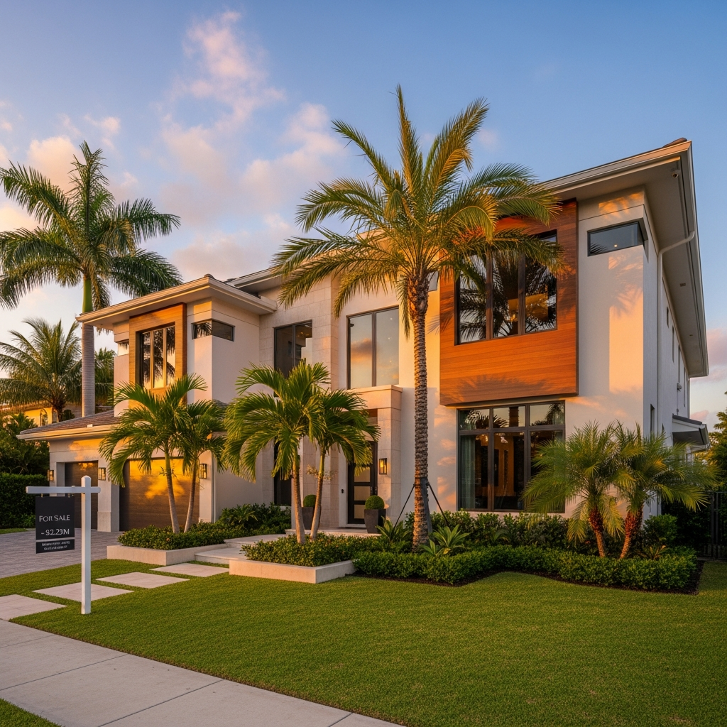 Luxury Fort Lauderdale residential property exterior, two-story modern home, landscaped front yard, golden hour warm light, South Florida architecture, $2.29M listing, photorealistic real estate photography