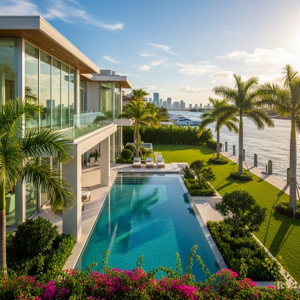 Luxury Miami waterfront residential property exterior, modern architecture, private pool, tropical landscaping, Intracoastal or bay views, warm Florida sunshine, premium real estate listing photography