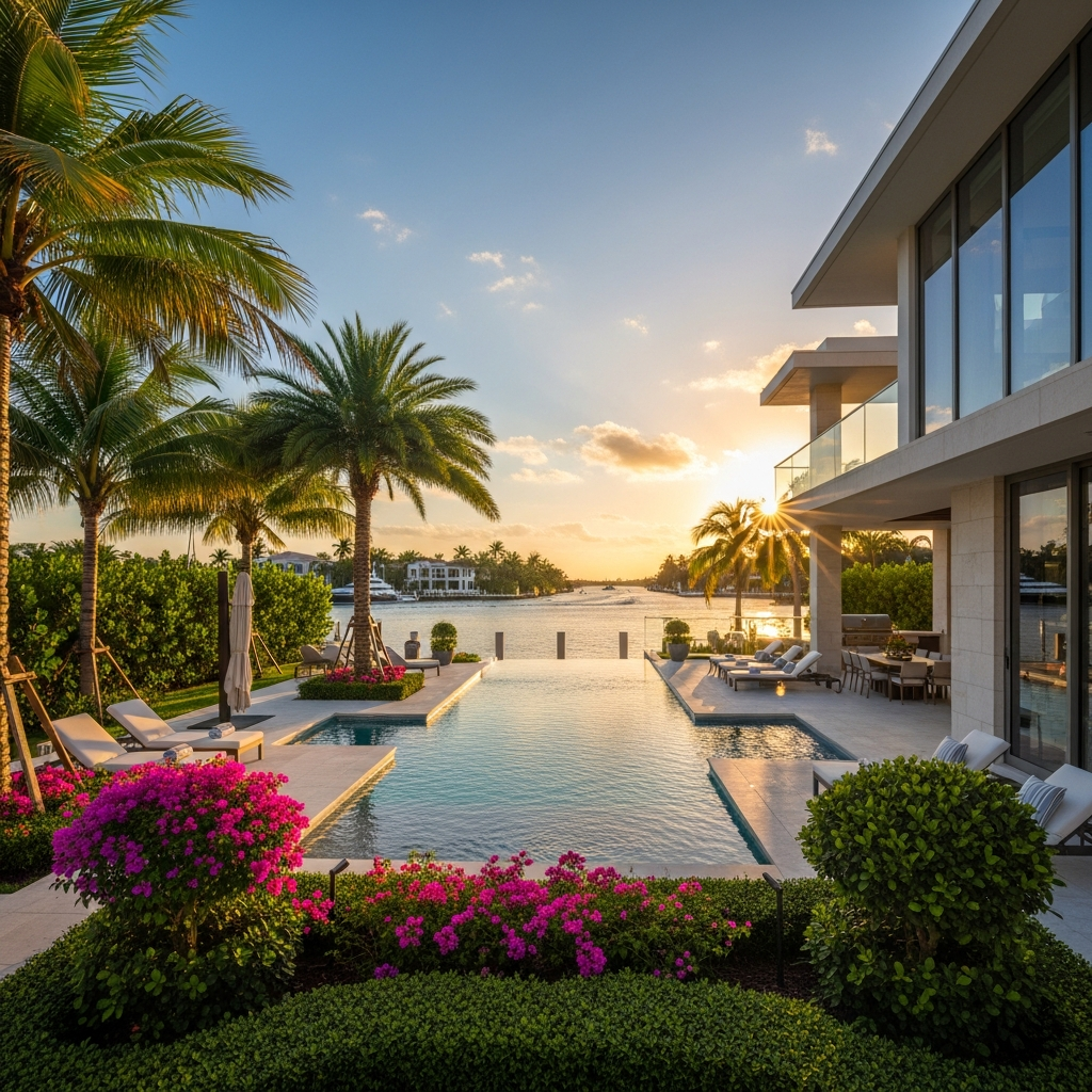 Luxury Miami waterfront residential property exterior, modern architecture, private pool, tropical landscaping, Intracoastal views, warm Florida sunshine, premium real estate listing photography