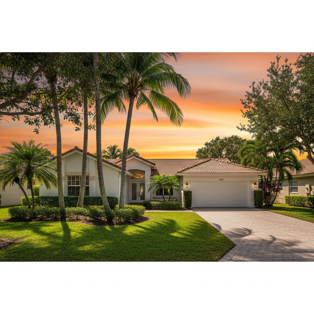 Tamarac Florida suburban home exterior at sunset, single-story home with palm trees in yard, warm orange sky, green lawn, inviting and well-maintained, South Florida residential real estate photography