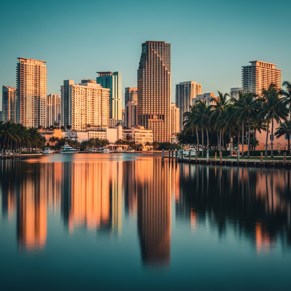 Miami and Fort Lauderdale South Florida skyline reflected in calm Intracoastal waterway at golden hour, luxury high-rises, palm trees, warm amber and teal tones, editorial cityscape photography
