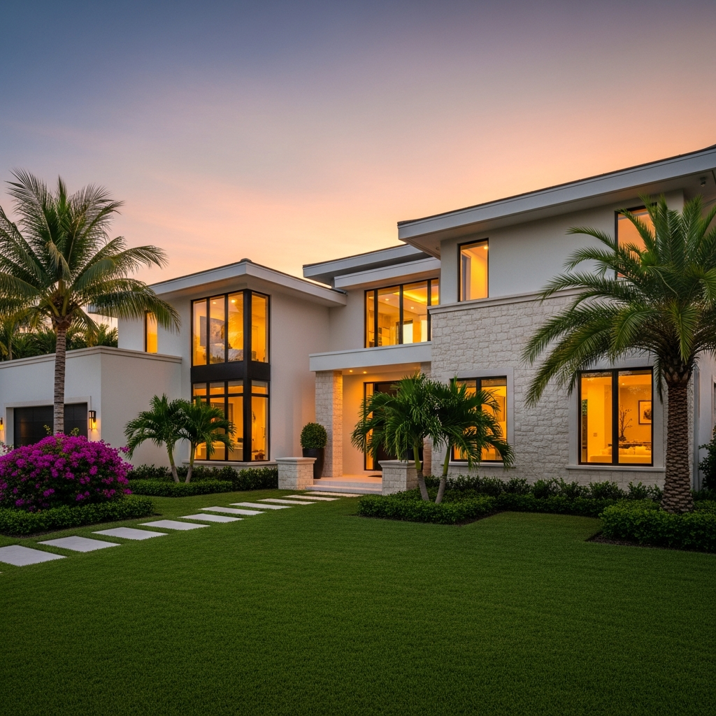 For sale luxury South Florida home exterior at golden hour, manicured lawn, modern architecture, warm light glowing through windows, 'sold' implied mood, aspirational residential real estate photography