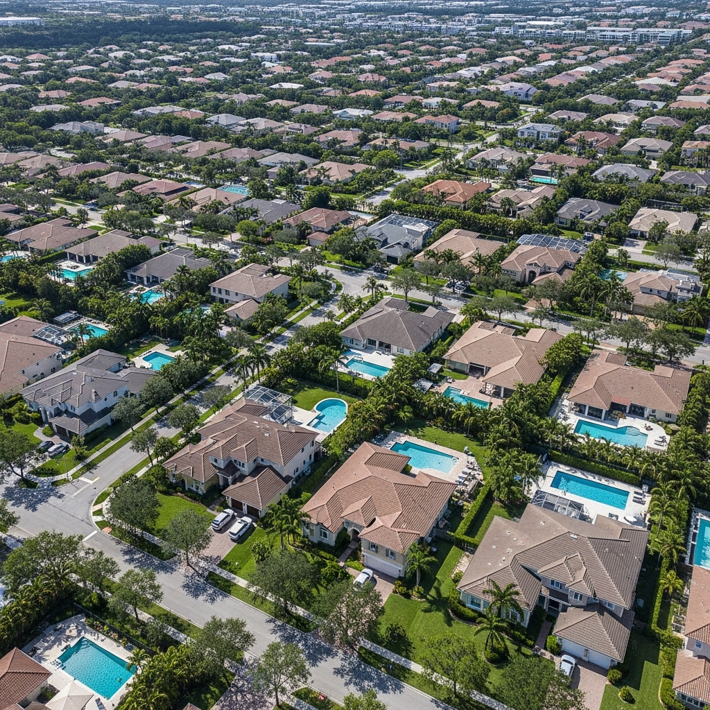 Aerial drone photograph of Fort Lauderdale Broward County suburban neighborhood, grid of luxury homes, pools, tree-lined streets, bright Florida sunshine, real estate market overview photography