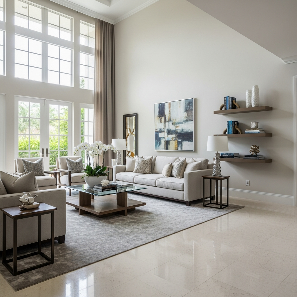 Beautifully staged luxury South Florida home interior, open living room with high ceilings, natural light, tasteful neutral furnishings, editorial residential photography for listing marketing