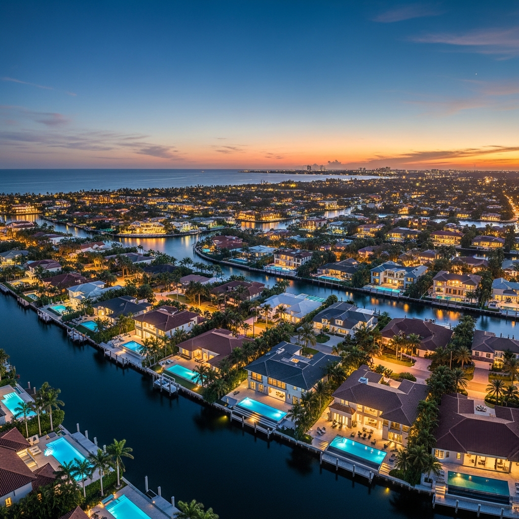 Aerial view of Miami Beach luxury waterfront neighborhood at dusk, winding canals, luxury homes with pools, warm city glow, South Florida residential district, editorial aerial real estate photography